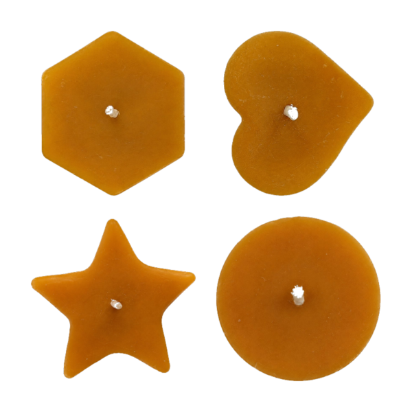 BeesFriend hand-poured pure beeswax tea lights in four shapes — round, heart, star and hexagon — made from rescued hive cappings wax