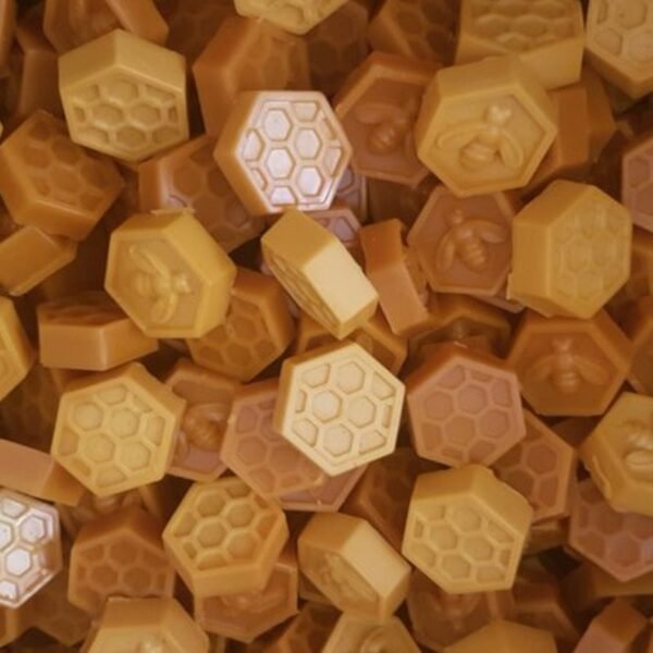 Pure beeswax pieces in hexagonal shapes with honeycomb and bee motifs, from BeesFriend rescued hives