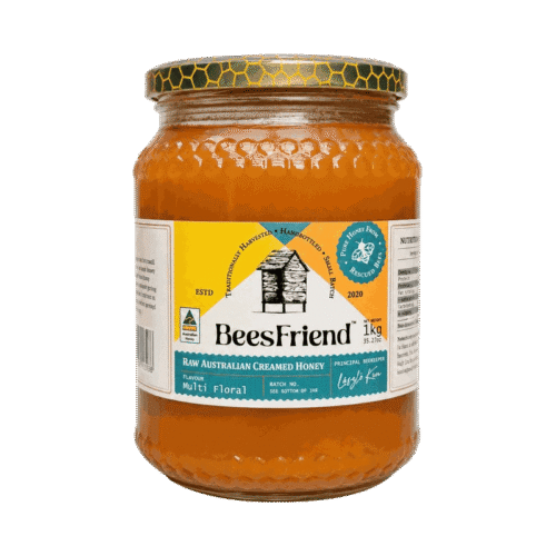 BeesFriend raw Australian creamed multifloral honey in a 1kg glass jar with honeycomb lid