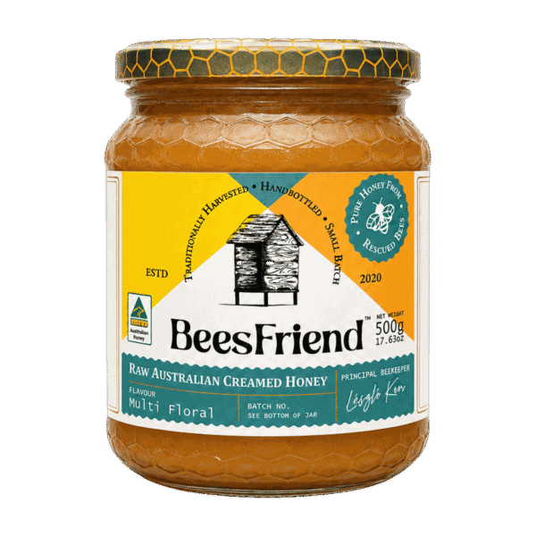 BeesFriend raw Australian creamed multifloral honey in a 500g glass jar with honeycomb lid