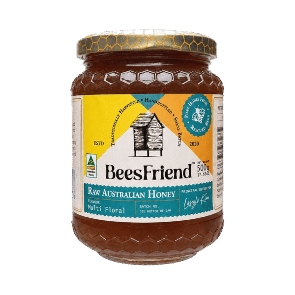 BeesFriend raw local Australian honey 500g glass jar, cold-extracted from rescued Melbourne hives
