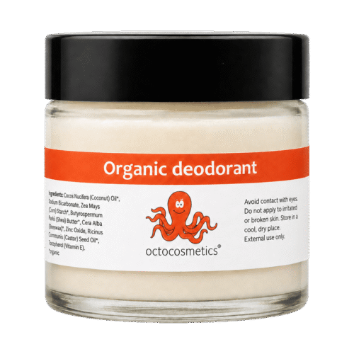 Octocosmetics organic deodorant in a glass jar with black lid.