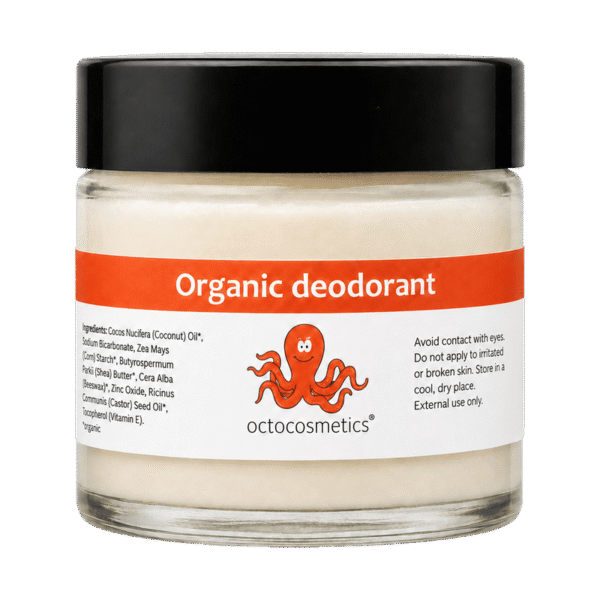 Octocosmetics organic deodorant in a glass jar with black lid.