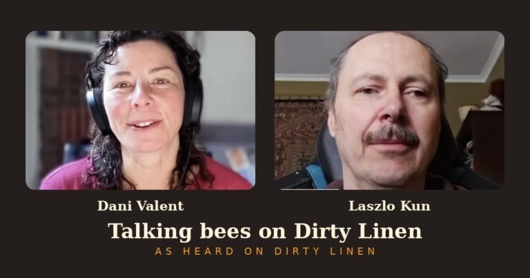 Laszlo Kun and Dani Valent recording the Dirty Linen podcast about bees.
