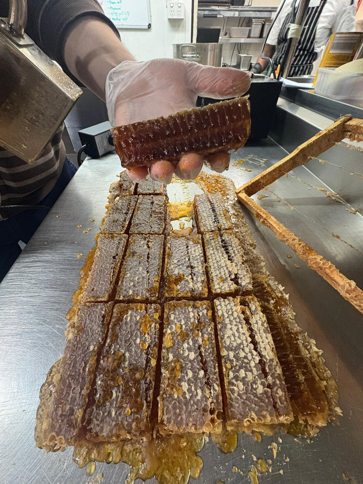 A freshly cut piece of honeycomb held in the hand over a tray of comb