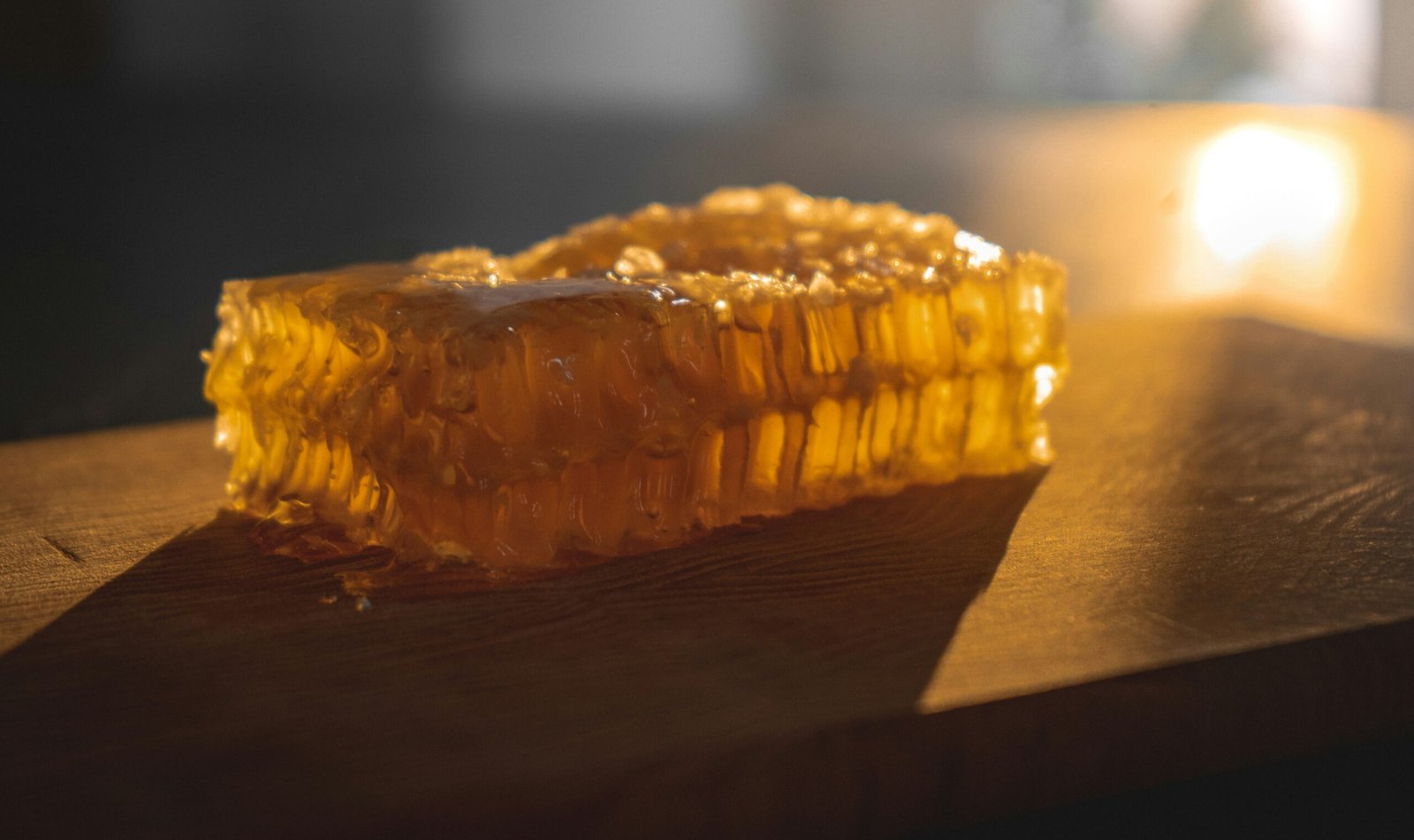 A slab of fresh honeycomb backlit in warm light